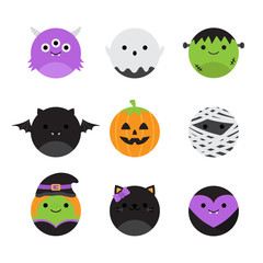 Cute halloween round vector characters. Circle spooky collection. Spooky, scary cartoon illustration set of monsters and animals. Isolated.