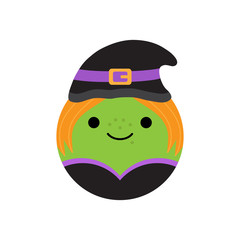 Cute witch round vector illustration icon. Scary, spooky halloween circle character head. Isolated.