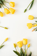 Round frame wreath with blank copy space made of yellow tulip flowers on white background. Flat lay, top view floral festive holiday concept