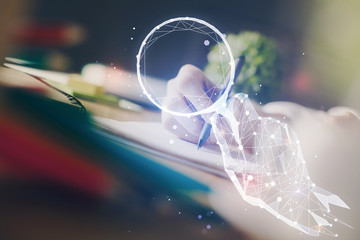 Start up creative drawing over close up hands on background. Concept of brainstorming. Multi exposure