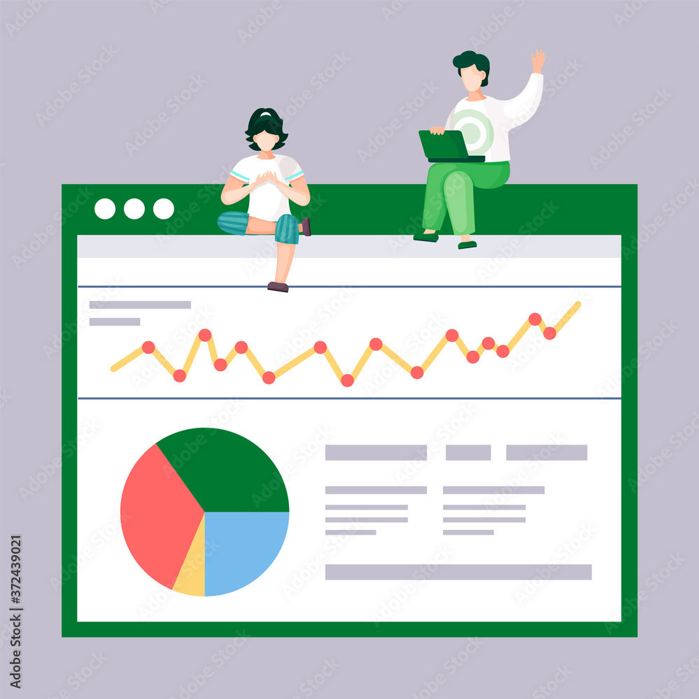 Aufkleber Teamwork concept. Vector illustration joint work in the company. Workers communicate, solve business development issues, collaboration and discussion graphical business report with charts and graphs