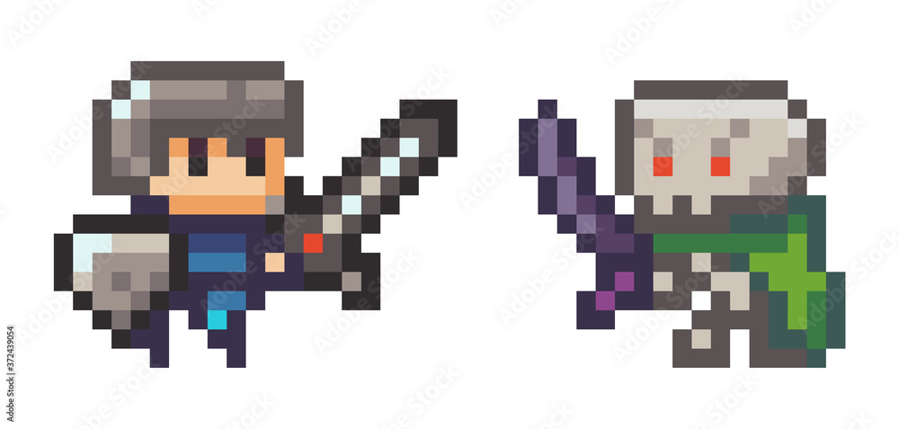 Poster pixel art style character in game arcade play vector. man with sharp sword fighting against enemy re