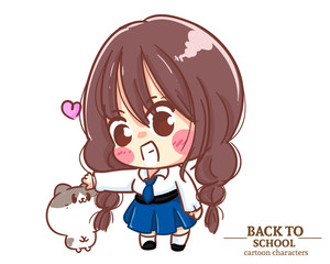 Cute Girl children student uniforms and a cat back to school. Cartoon illustration Premium Vector