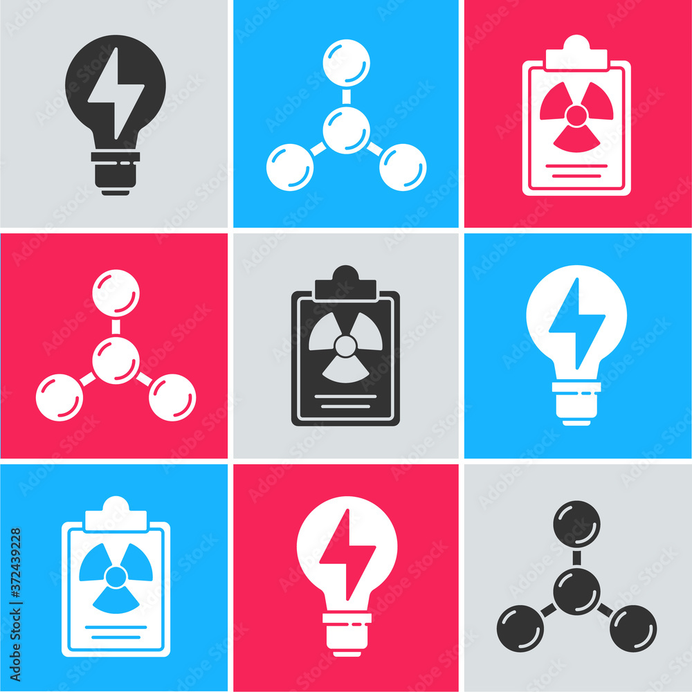Poster set light bulb with lightning, molecule and radiation warning document icon. vector.