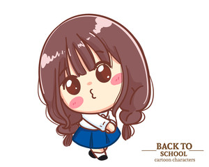 Cute Girl children student uniforms felt embarrassed and wriggled back to school. Cartoon illustration Premium Vector
