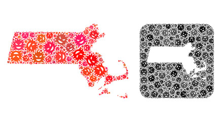 Evil virus map of Massachusetts State collage formed with rounded square and cut out shape. Vector map of Massachusetts State collage of evil virus parts in different sizes and color tints.