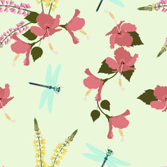 Seamless vector illustration with hibiscus flowers, lupine and dragonflies.