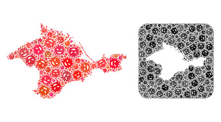 Evil virus map of Crimea collage designed with rounded square and subtracted space. Vector map of Crimea composition of infection virus ojects in variable sizes and color tints.