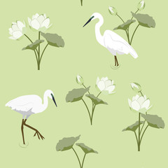 Seamless vector illustration with heron and lotuses