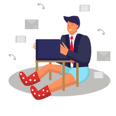 The man is sitting on the floor and working remotely via a laptop. A man in a jacket and house shorts. Home office. Cute vector illustration.