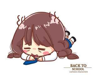 Cute Girl children student uniforms lying down on the floor back to school. Cartoon illustration Premium Vector