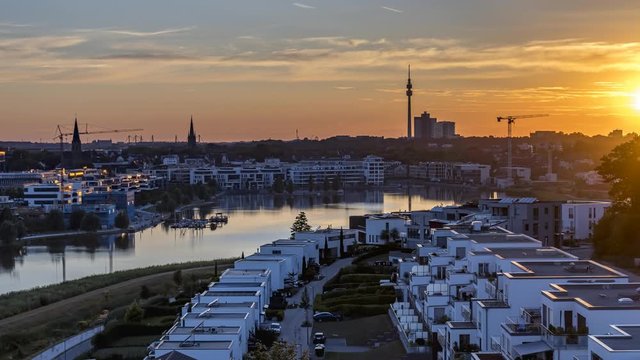 Day To Night Time Lapse, Modern Housing At Lake Phoenix With Dortmund Skyline