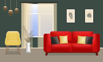 Living room with red sofa, yellow armchair and window. Living room modern interior design. Home interior