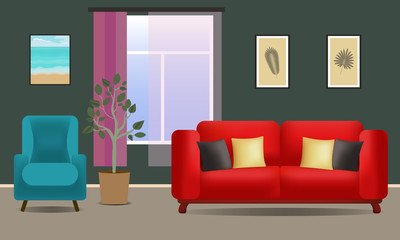 Living room with a red sofa, a blue armchair and a window. Living room modern interior design. Home interior