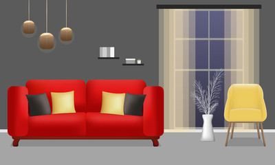 Living room with red sofa, yellow armchair and window. Living room modern interior design. Home interior