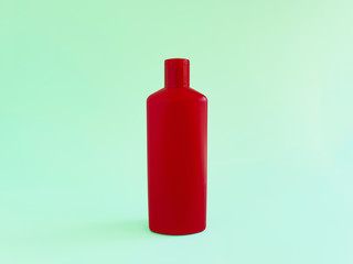Mockup of unbranded red plastic bottle on green background. Cosmetic bottle container for branding of medicine or cosmetics. Natural organic spa cosmetics concept.