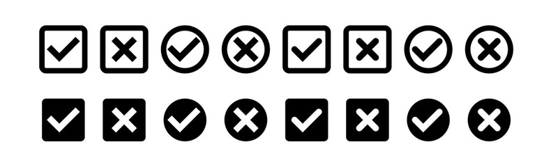 Checkmark vector tick set, check icon in rounded check boxes isolated sign collection illustration