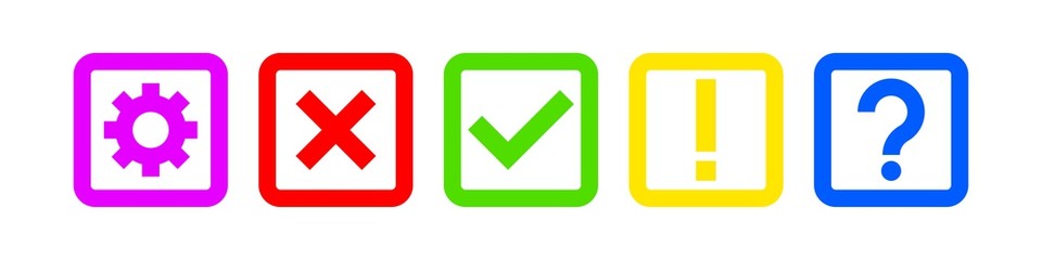 Icon vector set, checkmark, cross, exclamation, question and geer in boxes flat collection. Information sign collection isolated marks illustration
