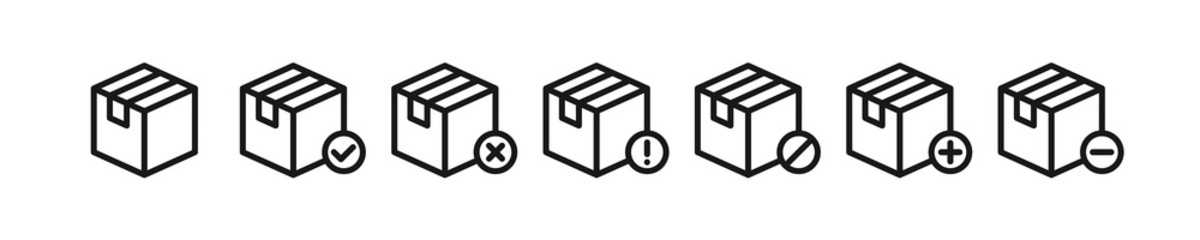 Package vector box delivery isolated cardboard container set, shipping boxes flat linear symbol collection