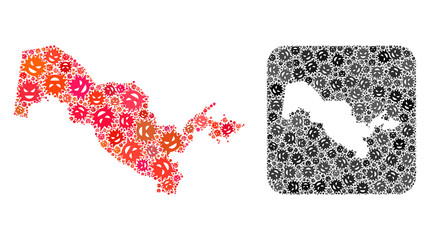 Infection virus map of Uzbekistan mosaic designed with rounded square and subtracted shape. Vector map of Uzbekistan composition of infection virus particles in variable sizes and color tinges.