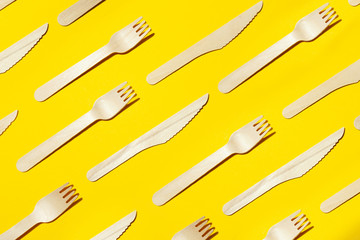 Zero waste concept. Set of Eco friendly wooden cutlery. Plastic free concept. Top view. Copy space