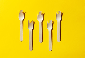 Zero waste concept. Set of Eco friendly wooden cutlery. Plastic free concept. Top view. Copy space