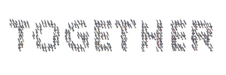 Aerial overhead view of people and their shadows making up TOGETHER word. 3d rendering