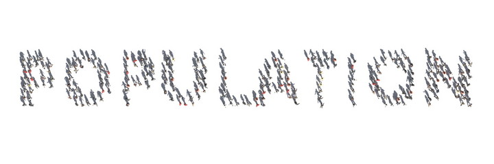 Aerial overhead view of people and their shadows making up POPULATION word. 3d rendering