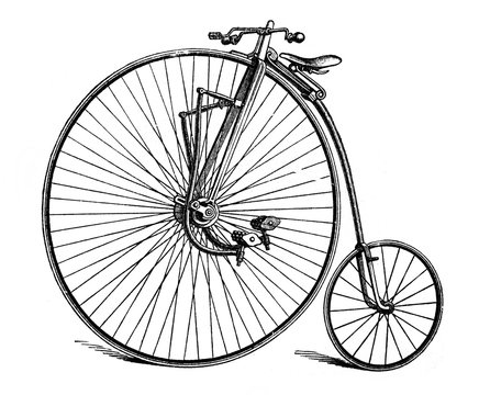 Vintage two-wheeled bicycle in the old book Encyclopedia by I.E. Andrievsky, vol. 5A, S. Petersburg, 1892