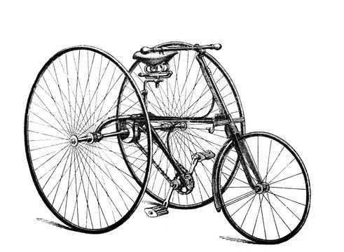 Vintage three-wheeled bicycle in the old book Encyclopedia by I.E. Andrievsky, vol. 5A, S. Petersburg, 1892