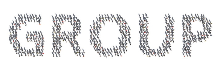 Aerial top down view of people and their shadows making up GROUP word. 3d rendering