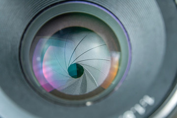 Closed camera lens aperture, macro photography. Macro camera lens