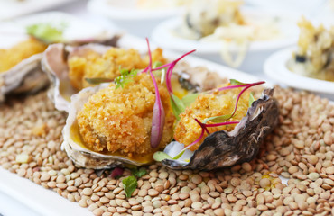 Crumbed oysters in there shells with micro herbs.