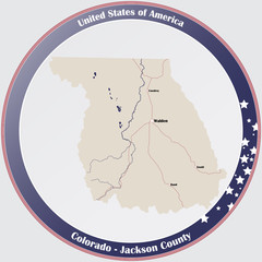 Round button with detailed map of Jackson County in Colorado, USA.
