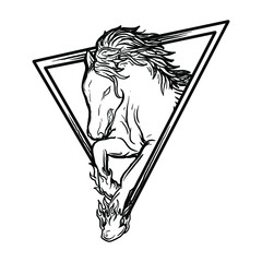 tattoo and t-shirt design black and white hand drawn  horse and triangle premium vector