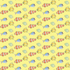 Hand drawn seamless pattern with colorful fishes on a blue background.
