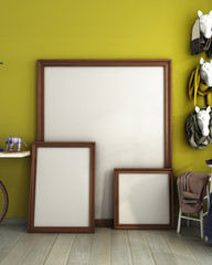mock up different size poster frames in modern interior background yellow color living room 3d render