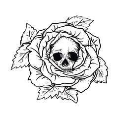 tattoo and t-shirt design black and white hand drawn  skull rose premium vector