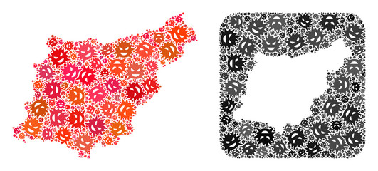 Sick virus map of Gipuzkoa Province collage composed with rounded square and hole. Vector map of Gipuzkoa Province collage of pandemic virus parts in different sizes and color tones.