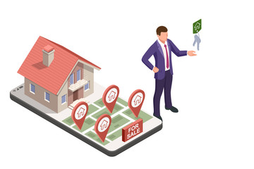 A real estate agent offers a home for rent, purchase or rent. Online real estate search. Isometric illustration Buying, selling or renting real estate