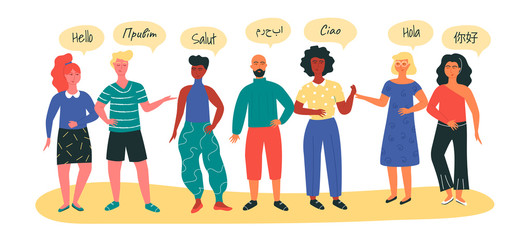 Multinational groop of people welcome in different languages as a concept of learning languages on special courses. Cultural exchange, communication with a native speaker and humanitarian education