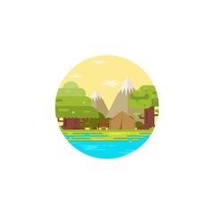 wilderness explorer round emblem logo with summer camping in forest near lake