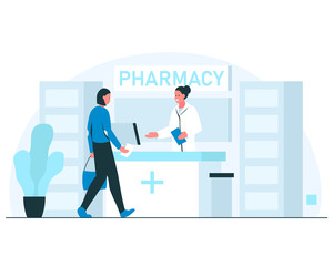 Pharmacy concept illustration. Smiling female pharmacist greeting visitor in a modern pharmacy interior. Vector illustration of woman coming to the pharmacy to buy medicines with the prescription