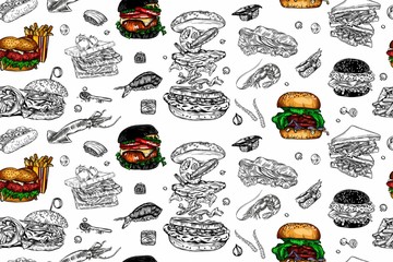 Raster illustrations in the sketch style with detailed drawings of fast food, rolls, and other food. High-quality detailed drawing of all elements.