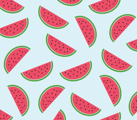 Cute watermelon pattern on blue background.  Vector pattern with watermelon slices. 