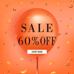 Autumn sale banner design with discount label in orange tone color and realistic balloon design for autumn and fall shopping promotion and advertisement. Vector illustration.