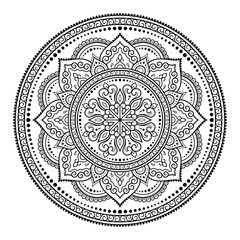 Circular pattern in form of mandala with flower for Henna, Mehndi, tattoo, decoration. Decorative ornament in ethnic oriental style. Outline doodle hand draw vector illustration. Coloring book page.