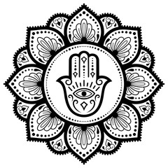 Circular pattern in form of mandala for Henna, Mehndi, tattoo, decoration. Decorative ornament in oriental style with Hamsa hand drawn symbol. Coloring book page.