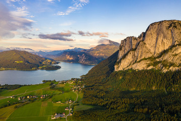 Aerial view from lake and mountains in Austria, Mondsee