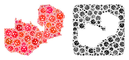 Evil virus map of Zambia collage created with rounded square and hole. Vector map of Zambia collage of pandemic virus ojects in variable sizes and color tinges. Created for isolation posters.
